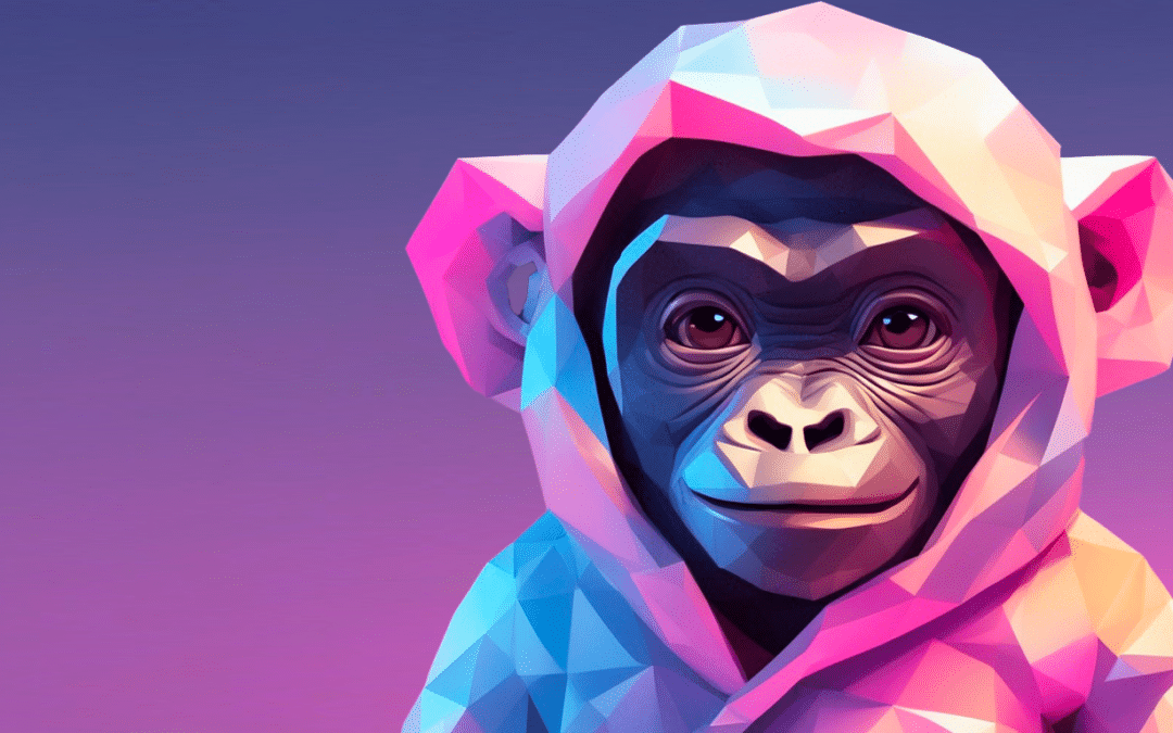 a cute baby gorilla wearing baby clothes friendly and intelligent look pink and blue lighting. t 1