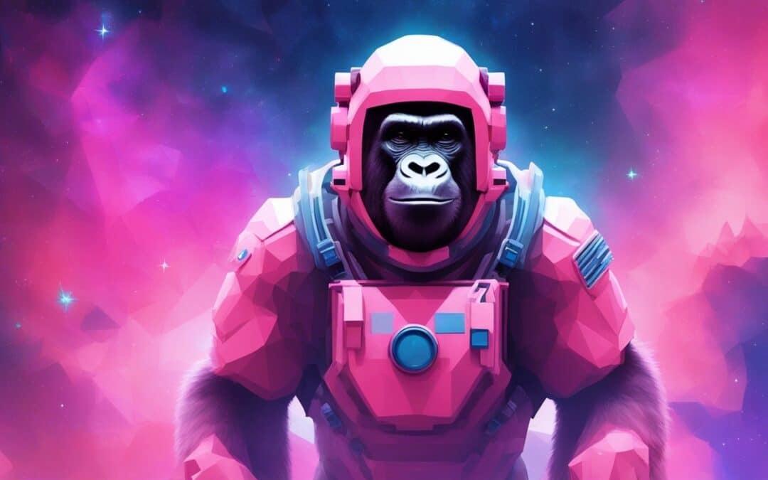 a friendly smiling gorilla wearing an astronaut suit usin a jetpack in space pink and blue glowin 1