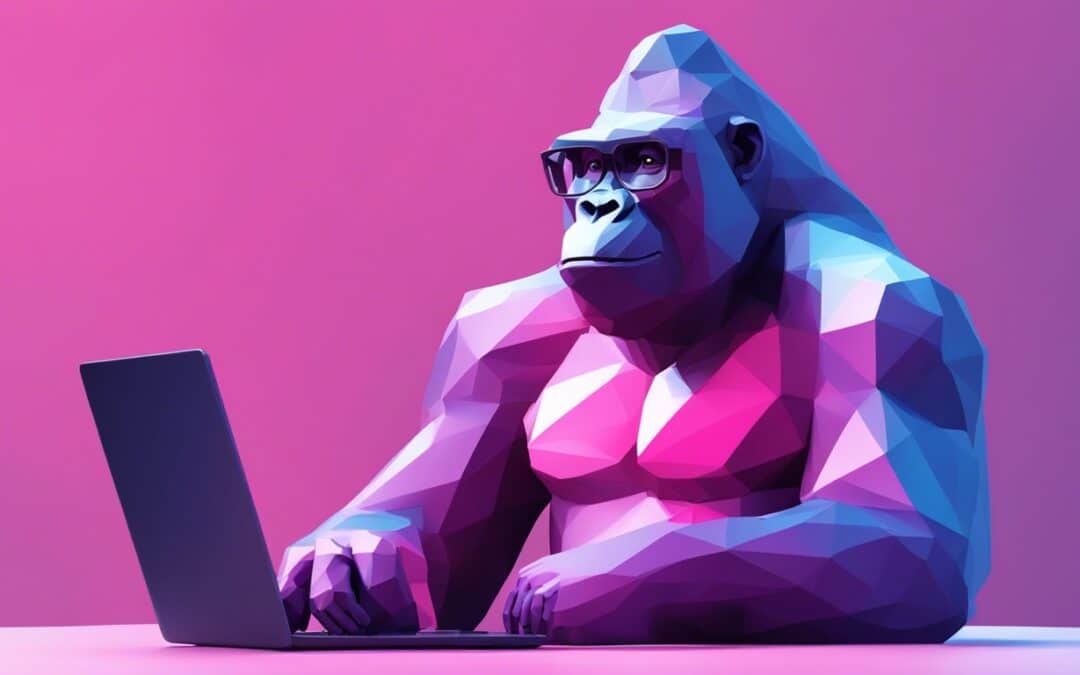 a friendly smiling gorilla wearing glasses pensive look using a laptop in an open space offce. pi