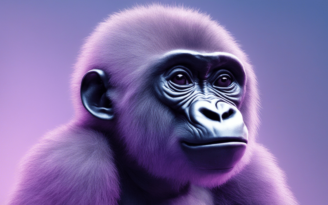 a realistic baby gorilla light smile embodying the concept of generative AI light purple and blue 1