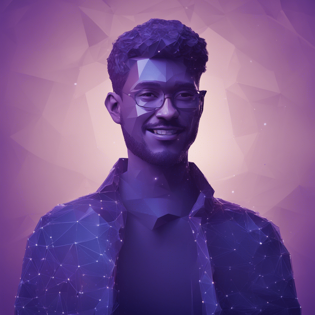 minimalistic profile of a 30 yo programmer light smile embodying the concept of AI dark purple an 4