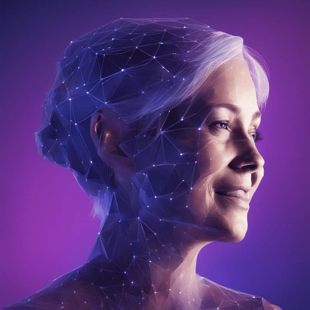 minimalistic profile of a 50 yo woman light smile embodying the concept of AI dark purple and blu 2