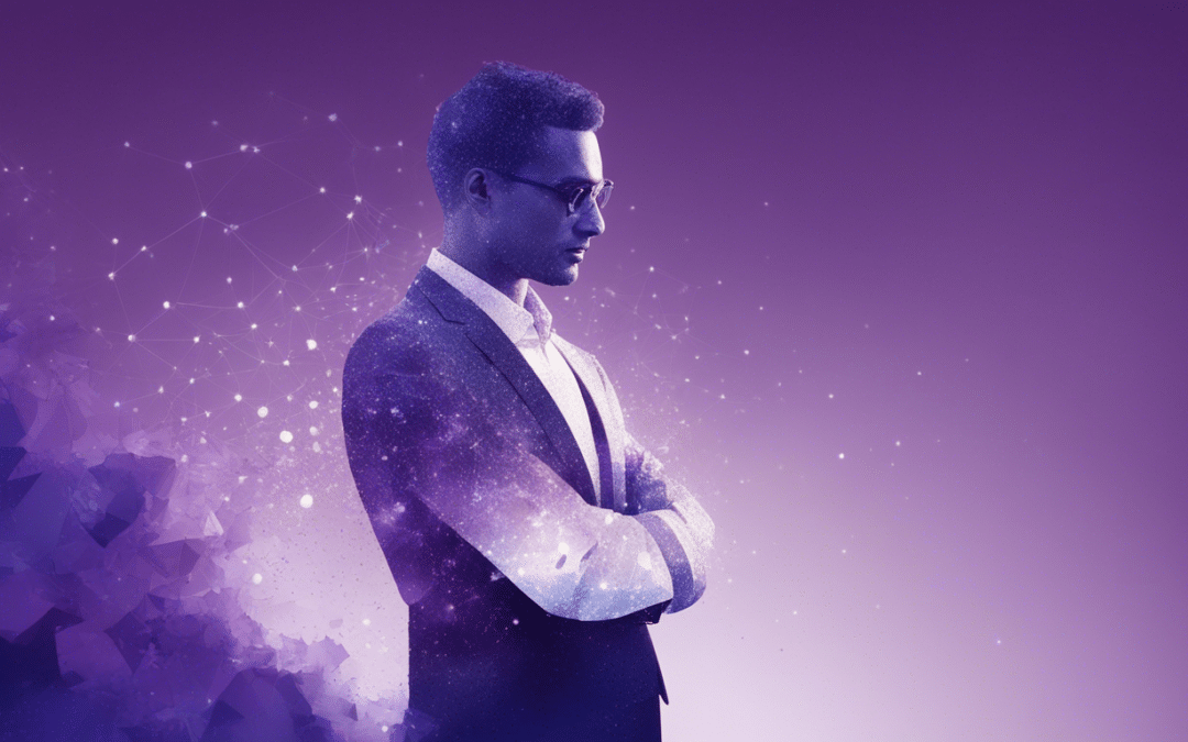 minimalistic profile of a business man embodying the concept of generative AI dark purple and blue 1 1