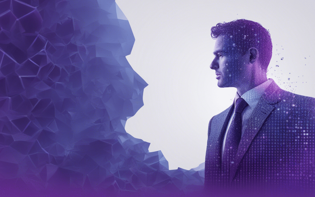 minimalistic profile of a business man embodying the concept of generative AI dark purple and blue 5