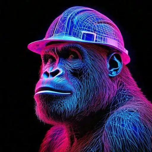 Firefly portrait of a gorilla made with wireframe lines wearing a hard hat widely smiling 3 4 vie 2