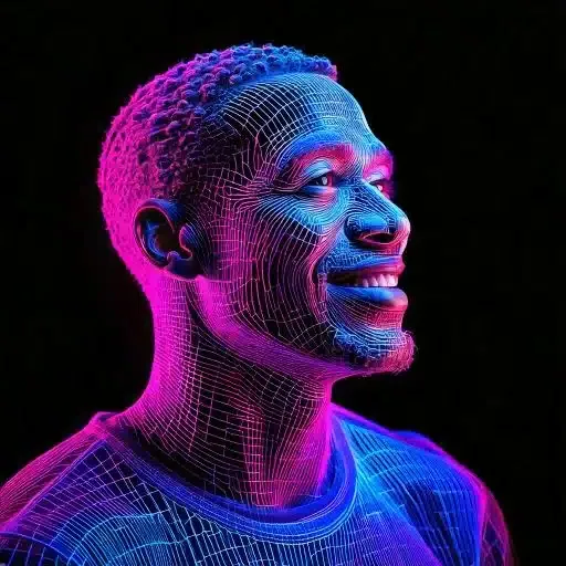 Firefly portrait of black man widely smiling wearing a t shirt made with wireframe lines 3 4 view 1 e1737822961310